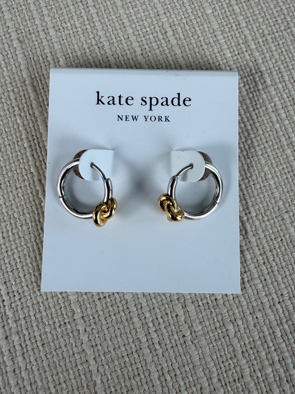NWT Kate Spade Double Knot Huggie Earrings - Two-tone Gold and Silver